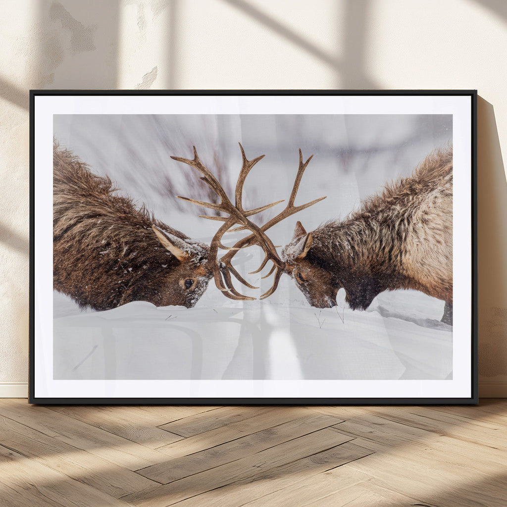 Elk Wall Art Canvas Print, Framed Wildlife Art, Snowy Forest Elk Rustic Lodge Decor