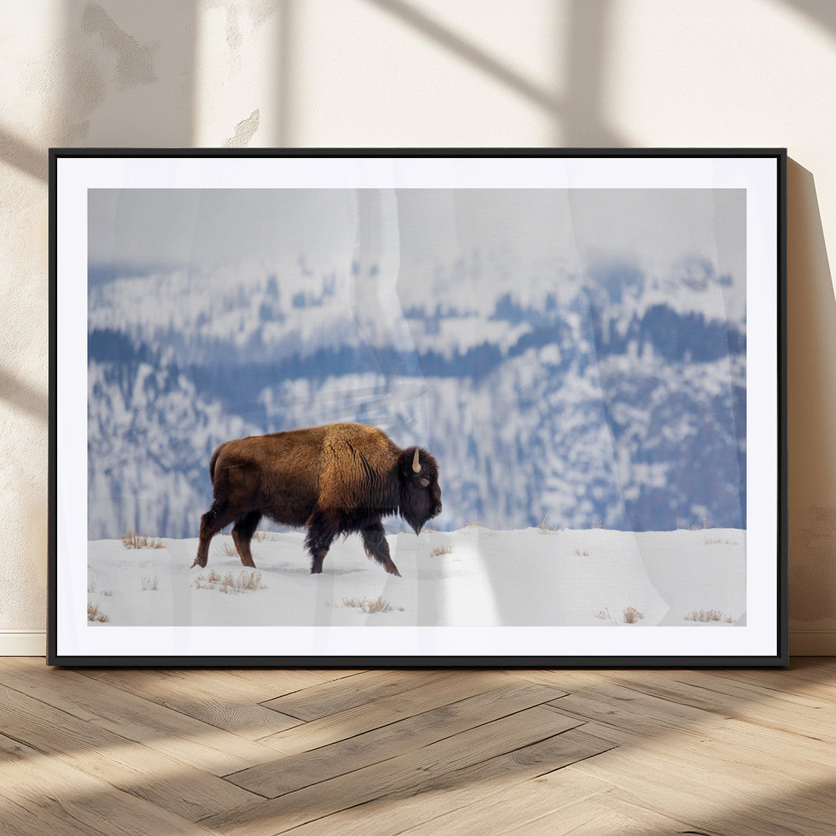 Bison Snow Wall Art Canvas Print, Framed Wildlife Scene, Western Ranch Style Decor