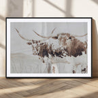 Longhorn Cow Wall Art Canvas Print, Framed Rustic Cattle Art, Sepia Western Decor