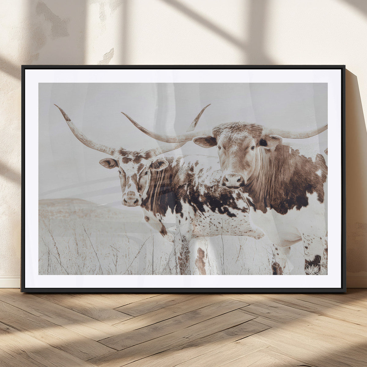 Longhorn Cow Wall Art Canvas Print, Framed Rustic Cattle Art, Sepia Western Decor