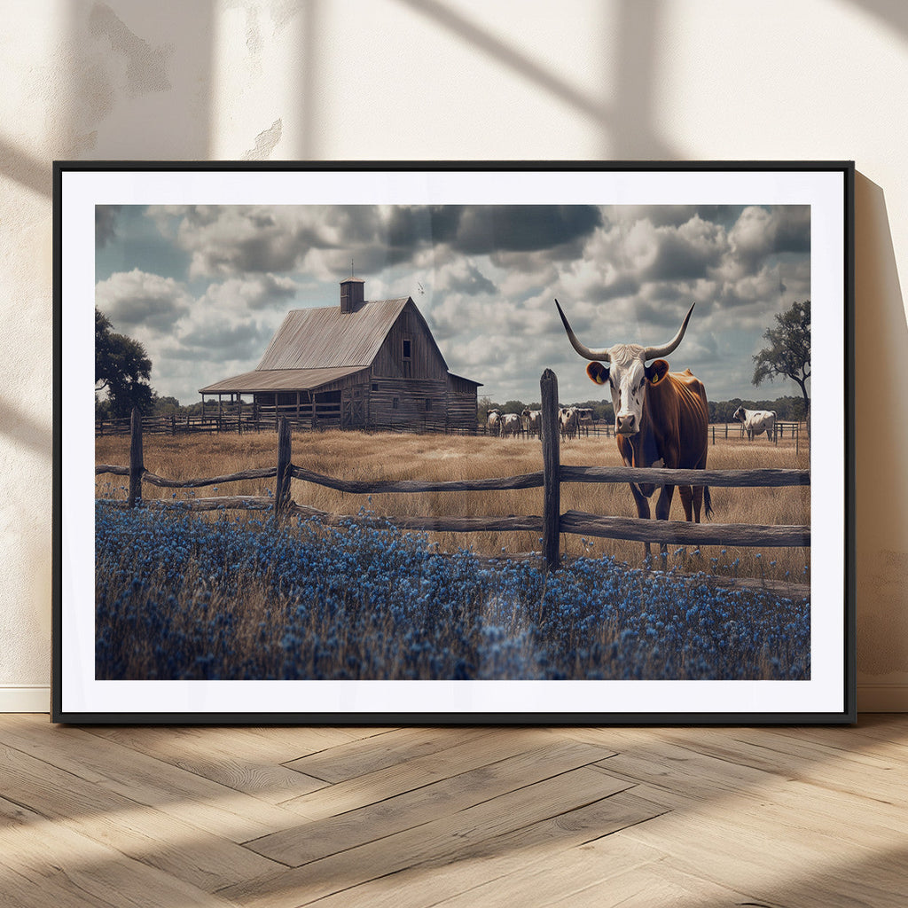 Texas Longhorn Wall Art Canvas Print, Framed Rustic Barn Art, Farmhouse Cow Decor
