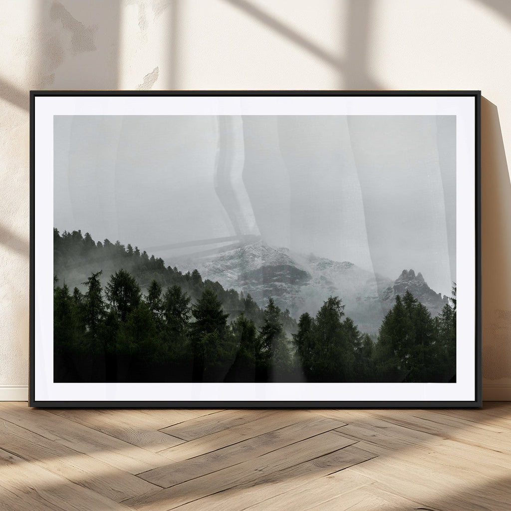 Misty Mountains Wall Art Canvas Print, Framed Foggy Forest Art, Snowy Peaks Landscape