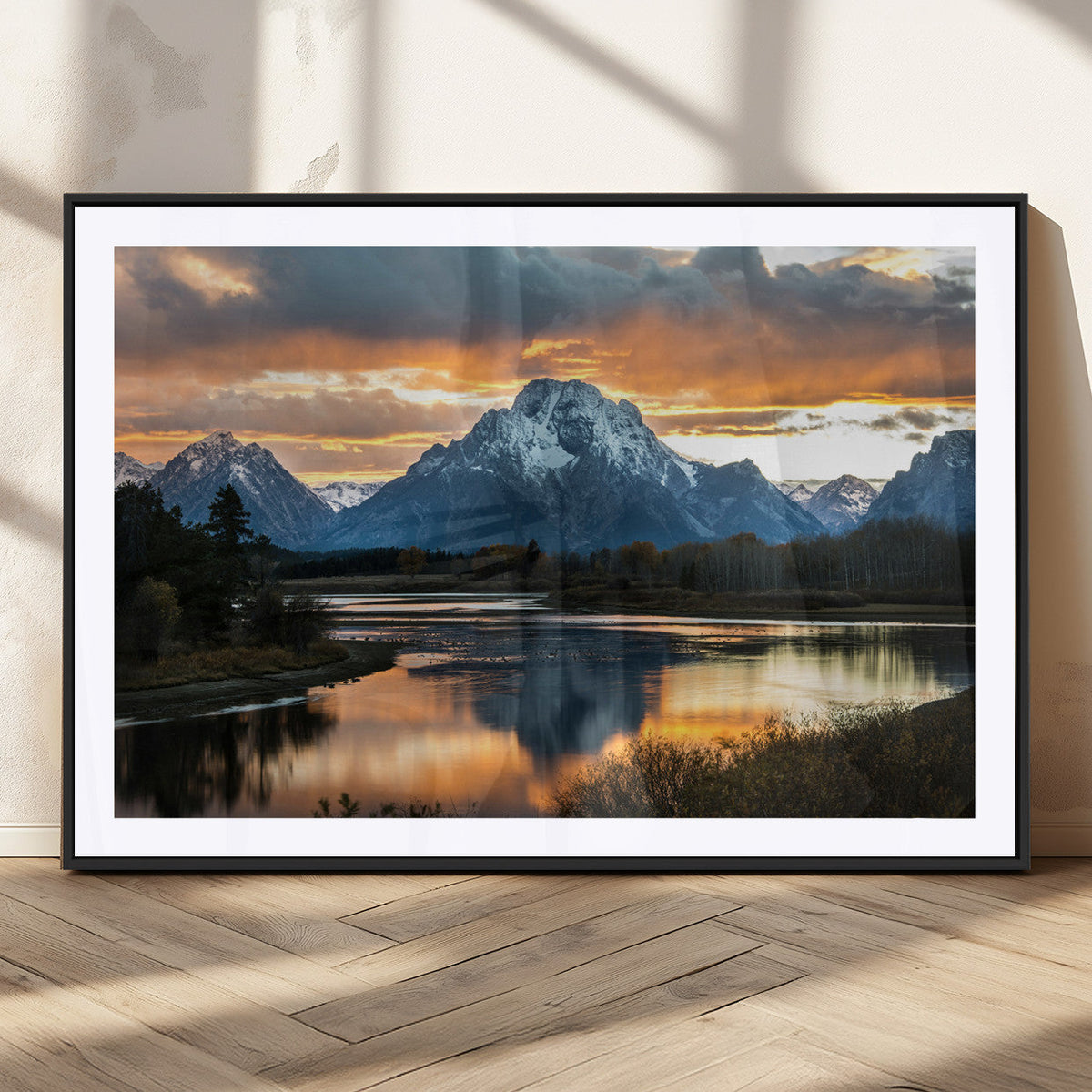 Mountain Sunset Wall Art Canvas Print, Framed Alpine Wilderness Art, Golden Hour Lake