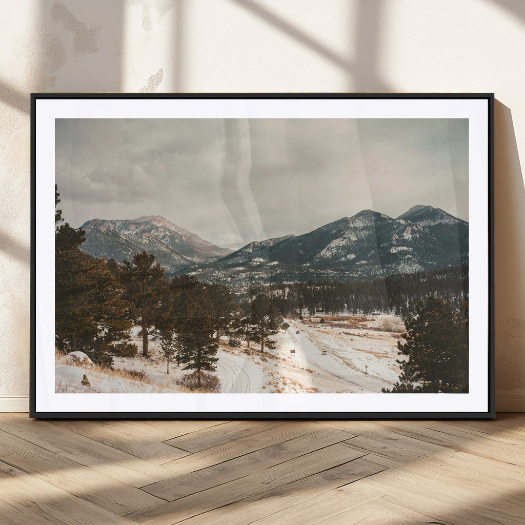 Mountain Landscape Wall Art Canvas Print, Framed Snowy Peaks Alpine Winter