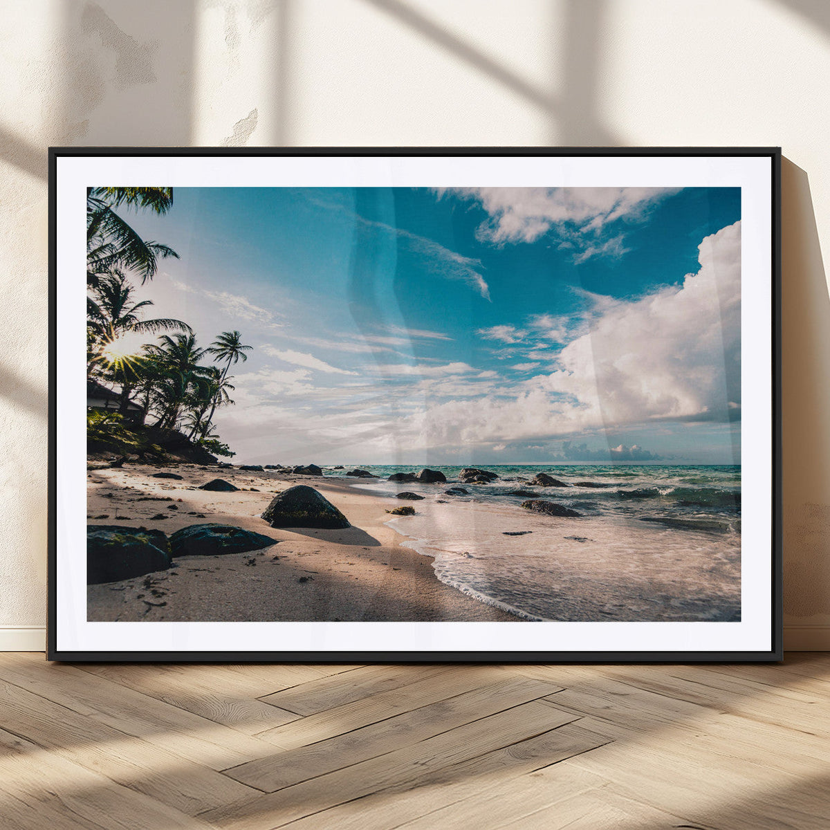 Tropical Beach Wall Art Canvas Print, Framed Ocean Waves Relaxing Seascape