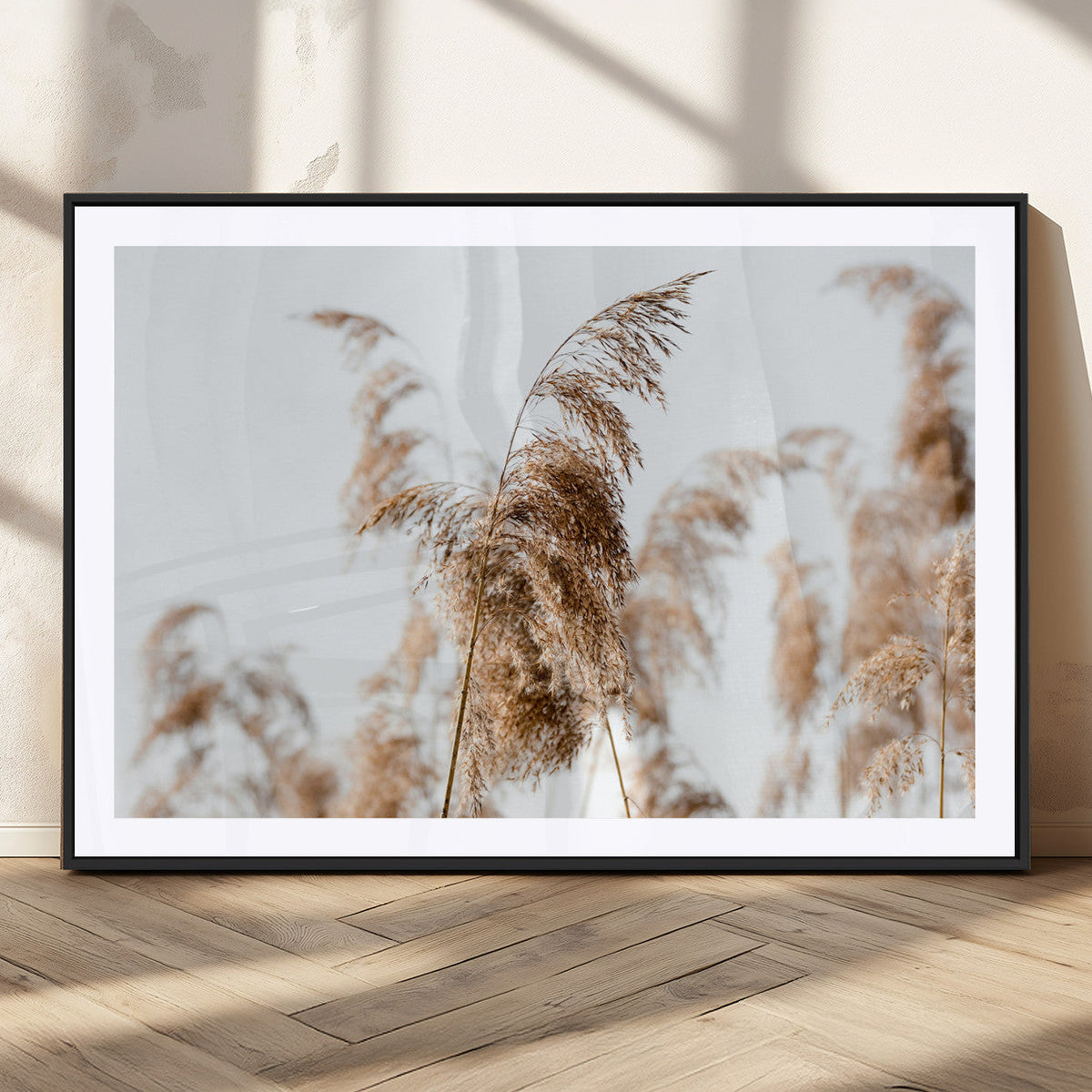 Pampas Grass Wall Art Canvas Print, Framed Neutral Tones Minimalist Boho