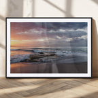 Golden Hour Wall Art Canvas Print, Framed Tranquil Waves Beach Sunset