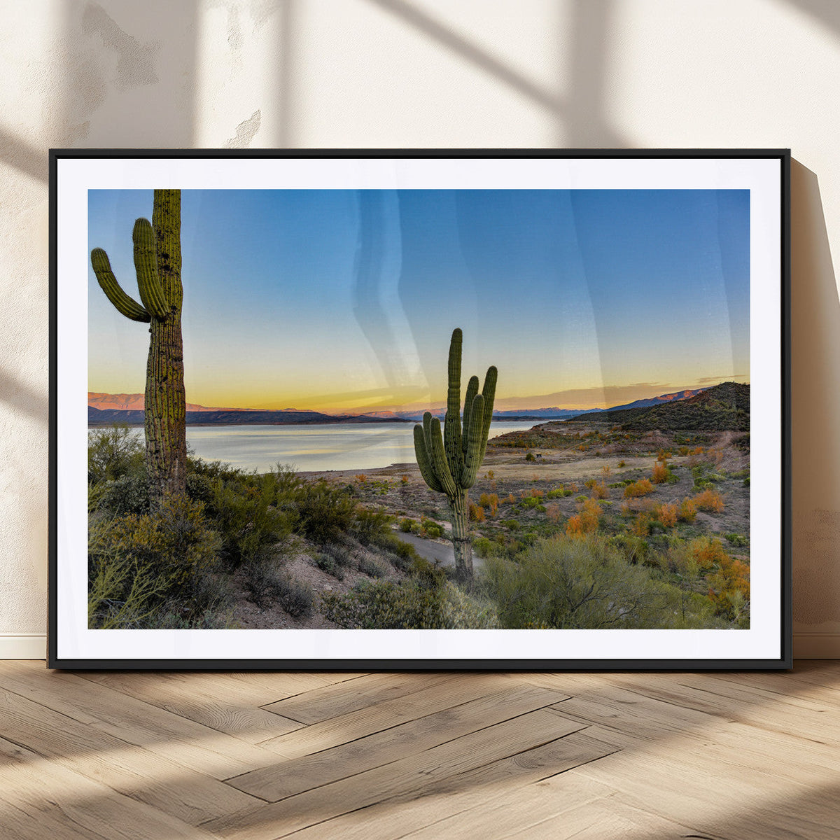 Saguaro Cactus Wall Art Canvas Print, Framed Desert Sunset Southwestern
