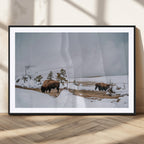 Bison Wildlife Wall Art Canvas Print, Framed Snowy Prairie Art, Western Landscape Decor