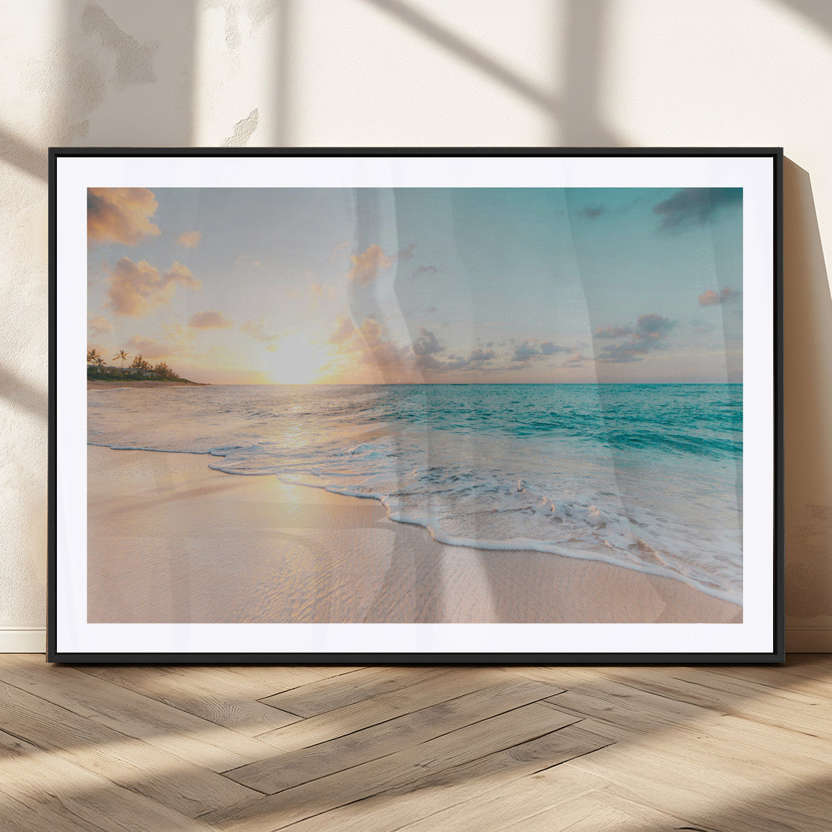 Beach Sunset Wall Art Canvas Print, Framed Ocean Waves Summer Escape