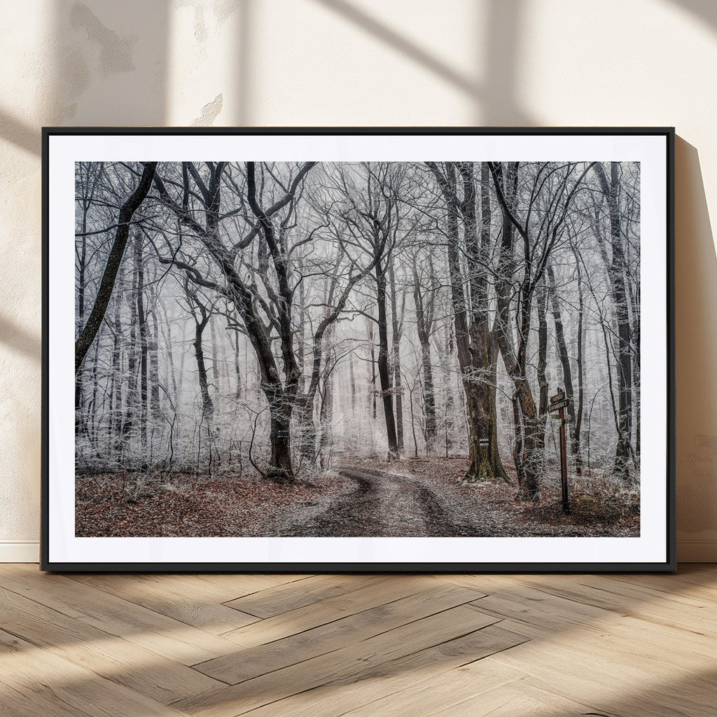 Winter Forest Wall Art Canvas Print, Framed Frosty Woodland with Misty Trees
