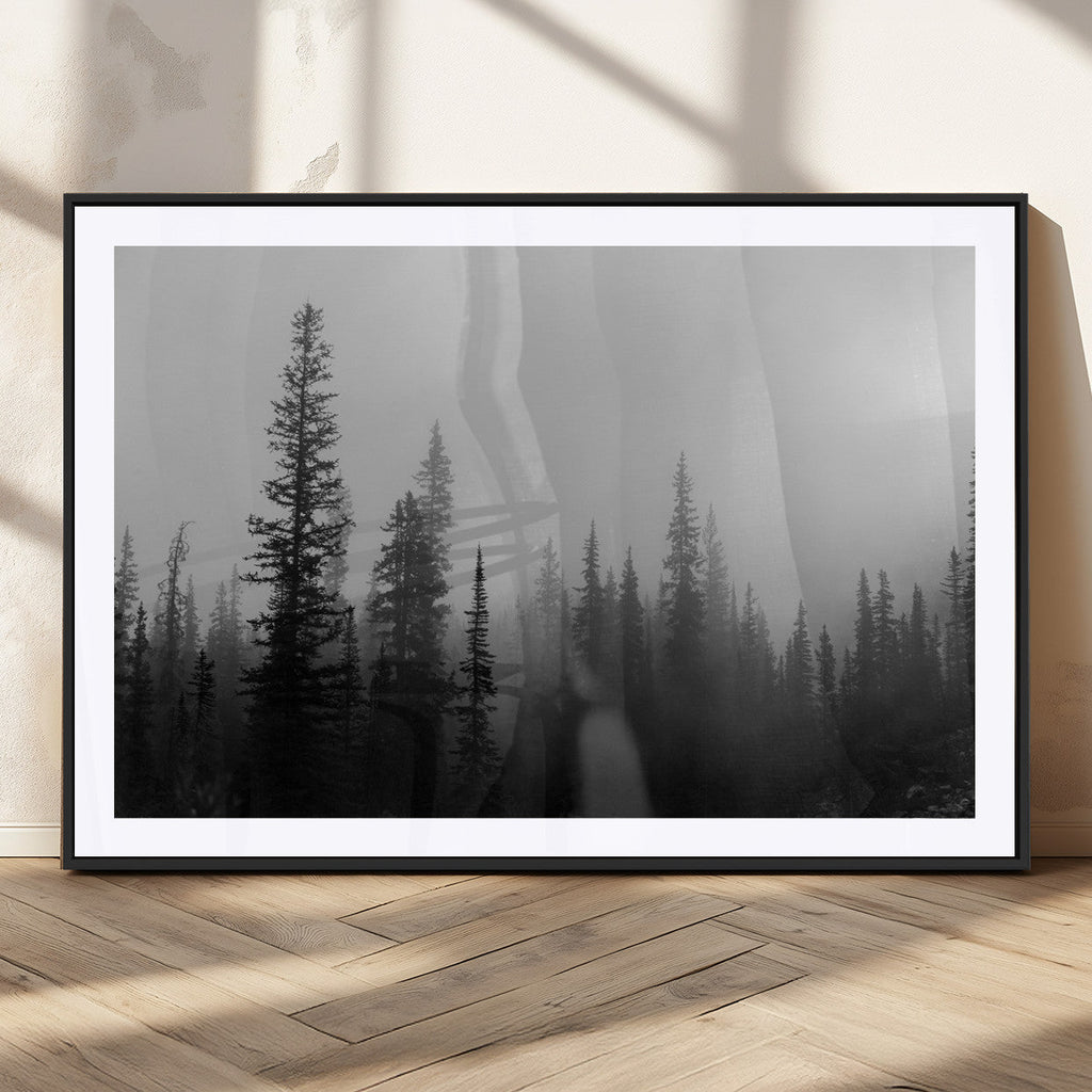 Misty Pines Wall Art Canvas Print, Framed Woodland Minimalist Black and White