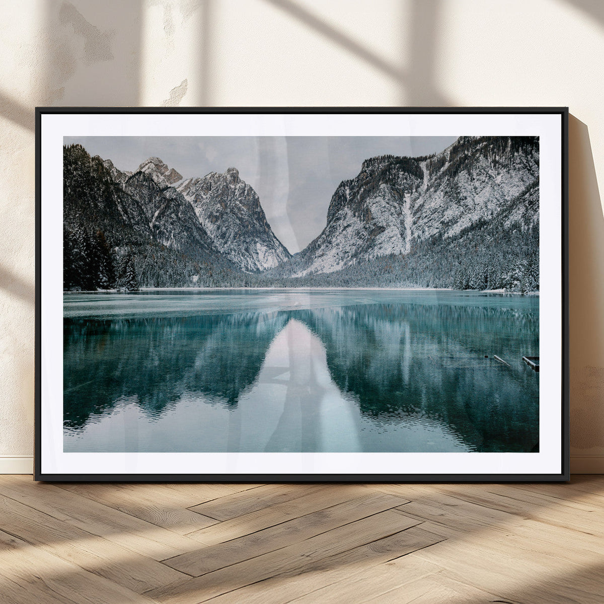 Mountain Lake Wall Art Canvas Print, Framed Toblacher See Winter Wonderland