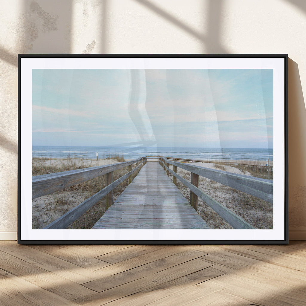 Beach Boardwalk Wall Art Canvas Print, Framed Coastal Serenity Ocean View