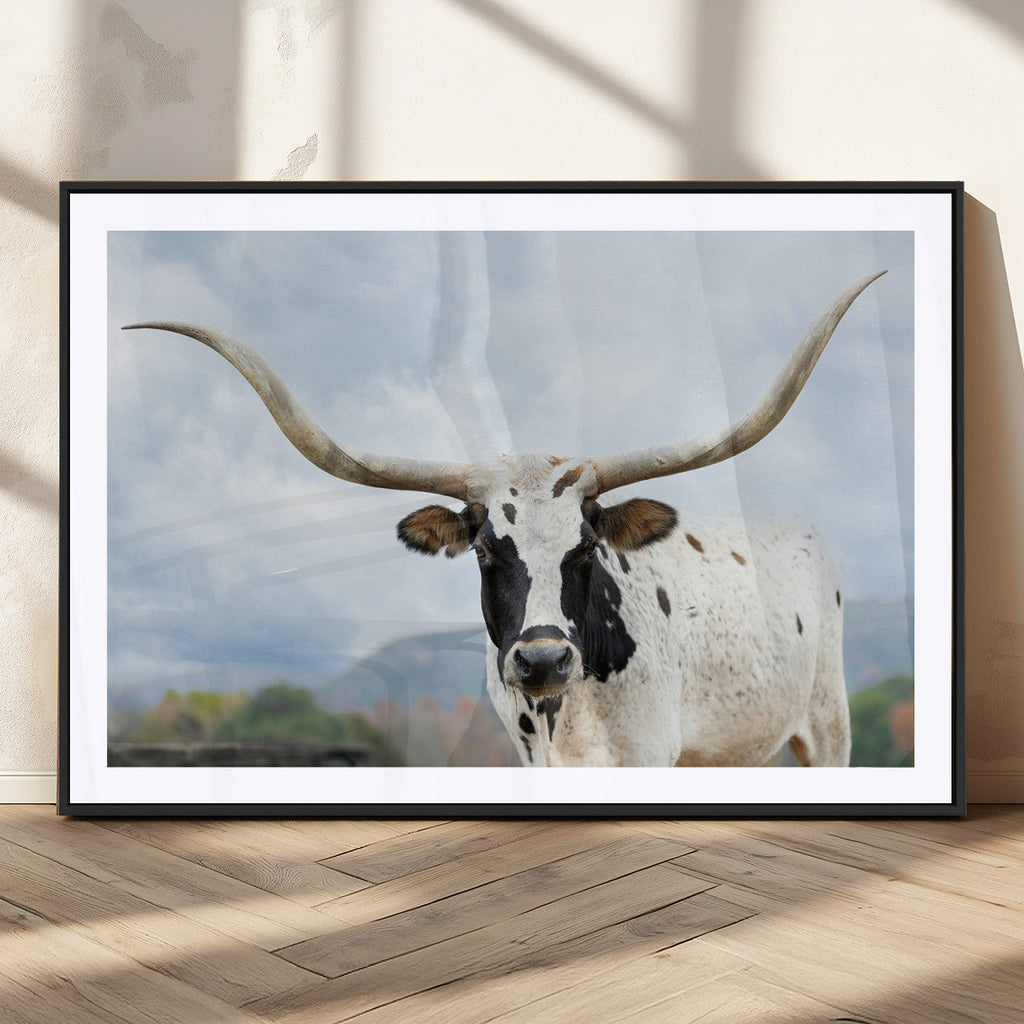 Texas Longhorn Wall Art Canvas Print, Framed Western Rustic Farmhouse