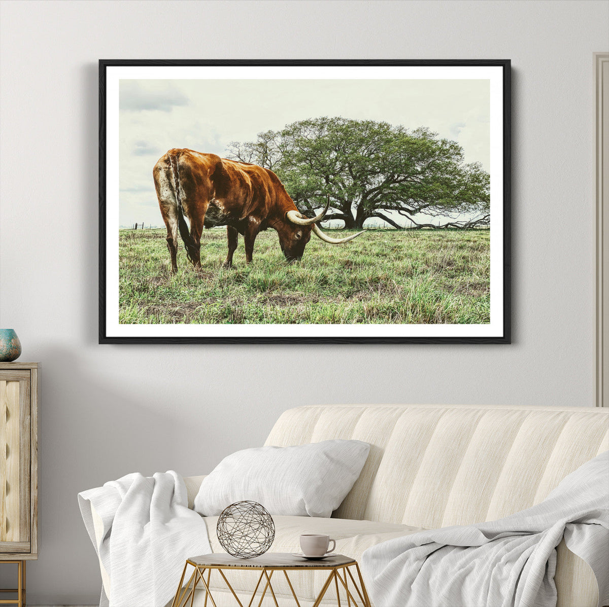 Texas Longhorn Wall Art Canvas Print, Rustic Western Ranch