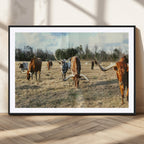 Texas Longhorns Wall Art Canvas Print, Framed Rustic Farm Scene Western Cattle