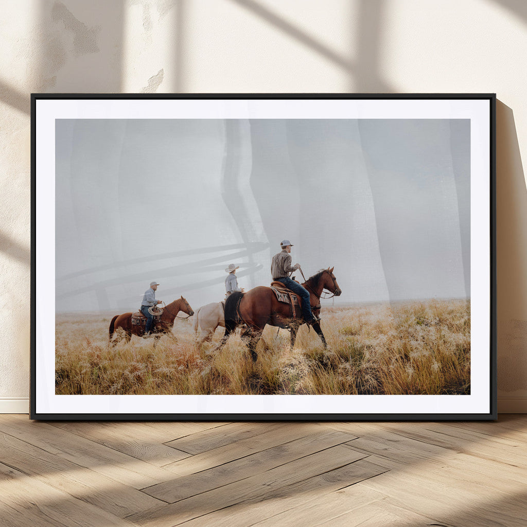 Western Cowboys Wall Art Canvas Print, Framed Horseback Riders on a Rustic Prairie