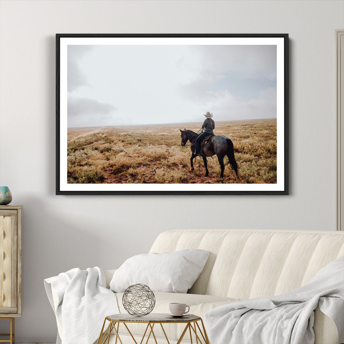 Cowboy Wall Art Canvas Print, Framed Western Rustic Ranch Scene