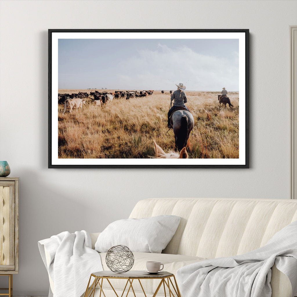 Western Wall Art Canvas Print, Framed Cowboy Cattle Drive Scene