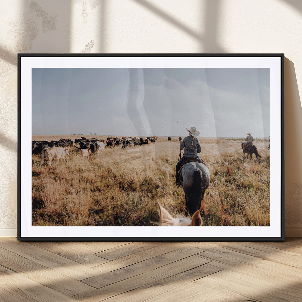 Western Wall Art Canvas Print, Framed Cowboy Cattle Drive Scene