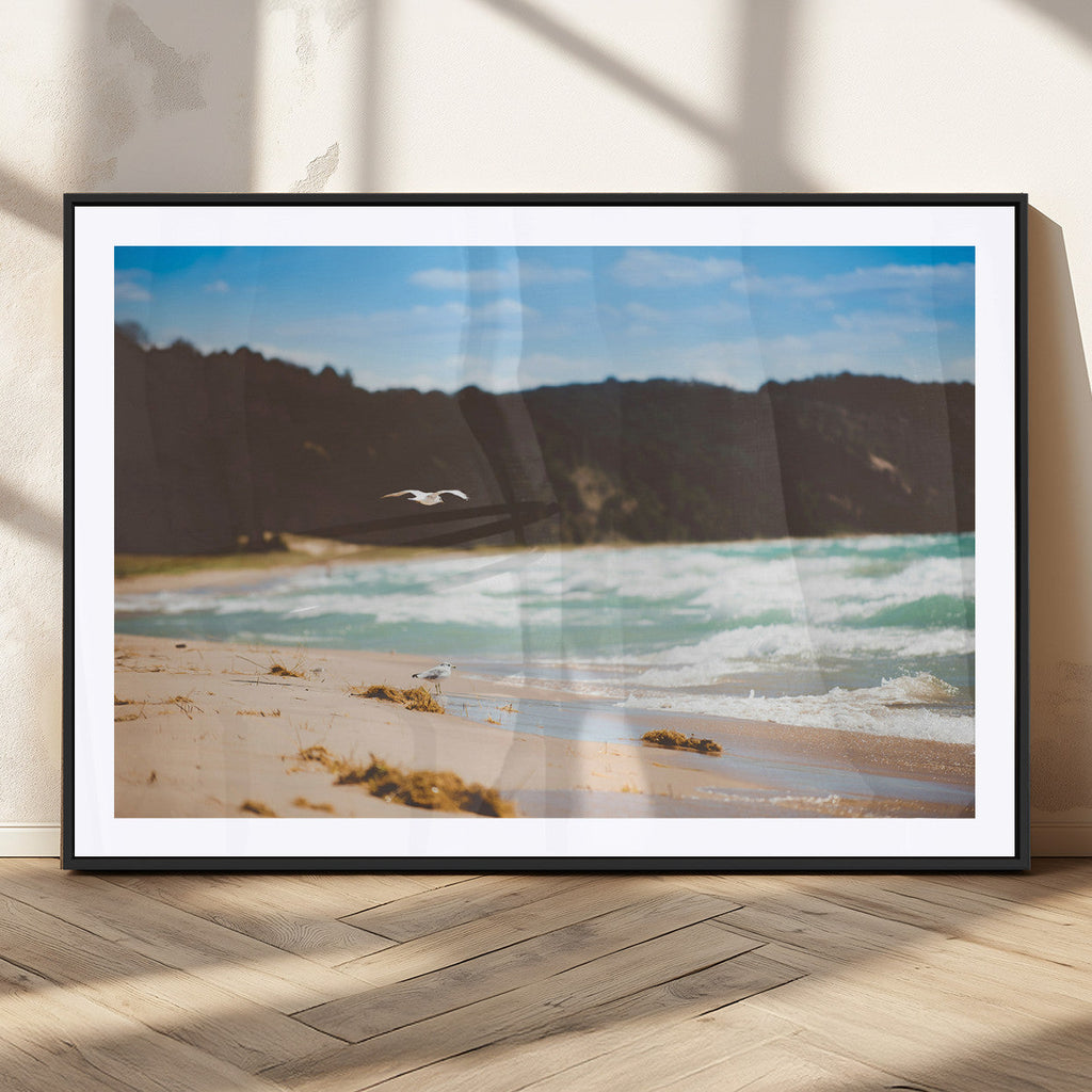 Tranquil Beach Wall Art Canvas Print, Framed Blue Ocean Waves on a Sandy Shore