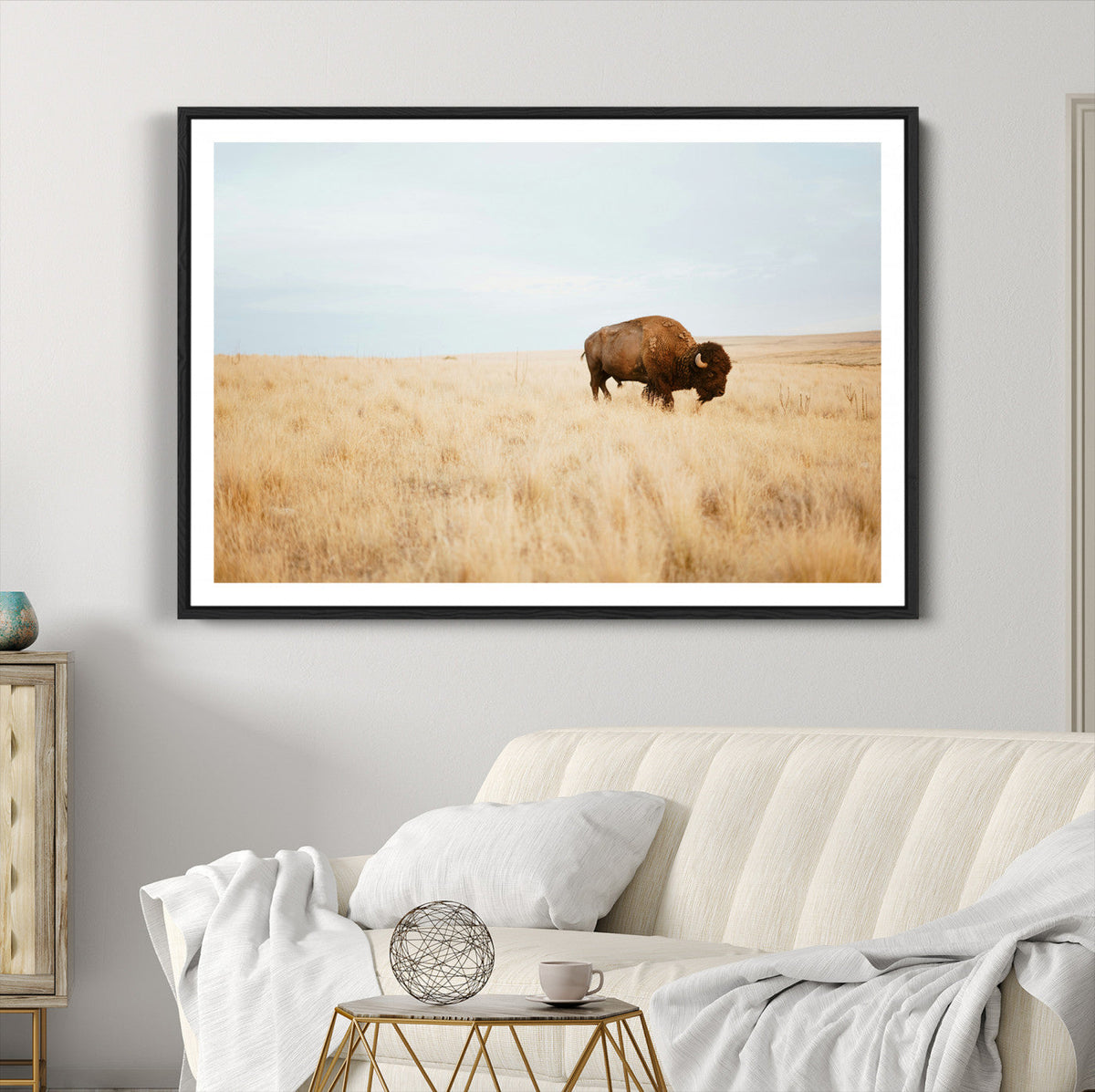 Buffalo Wall Art Canvas Print, Framed Western Wildlife Rustic Prairie Scene