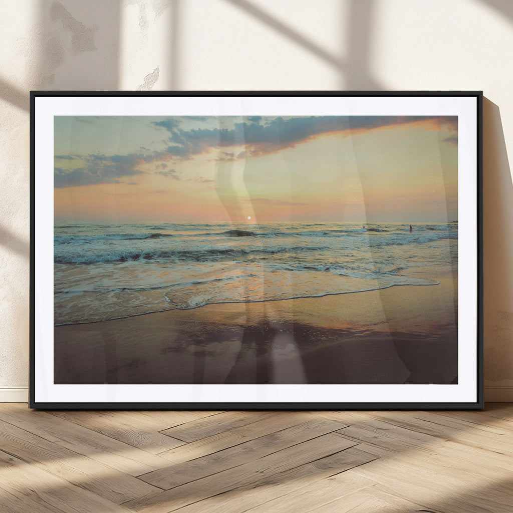 Sunset Seascape Wall Art Canvas Print, Framed Pastel Ocean View with Tranquil Shoreline