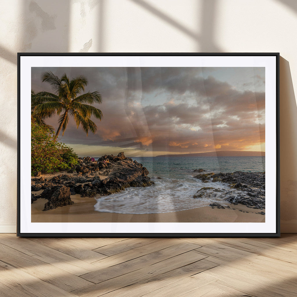 Tropical Beach Wall Art Canvas Print, Vibrant Hawaiian Sunset with Ocean Waves