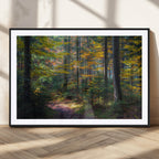 Autumn Forest Wall Art Canvas Print, Framed Fall Woodland with Golden Leaves