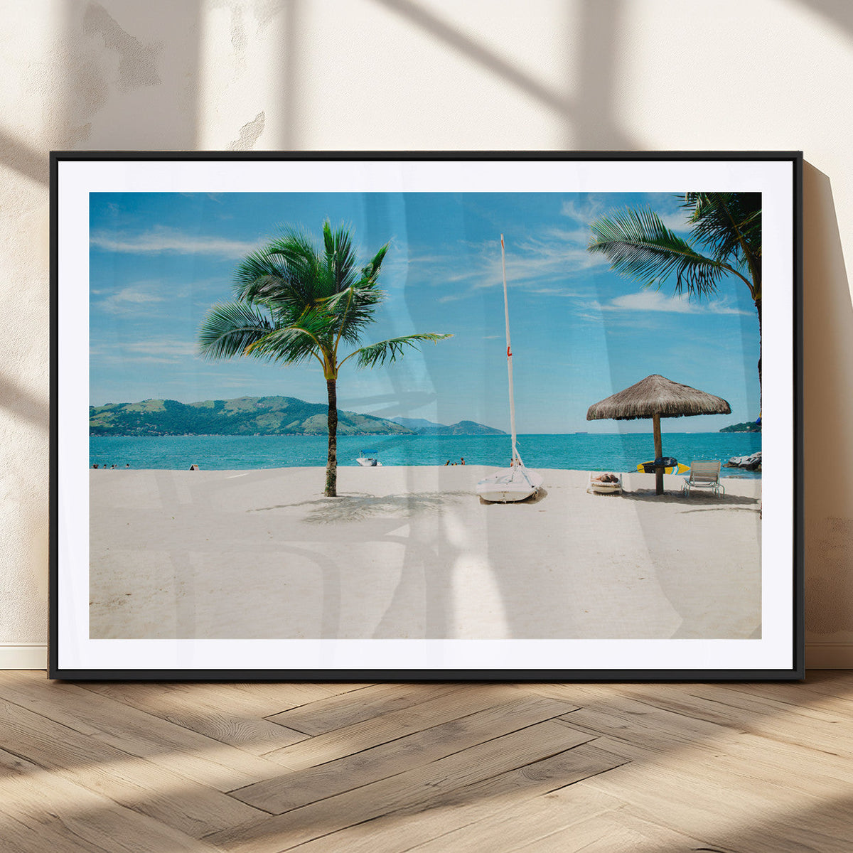 Tropical Beach Wall Art Canvas Print, Framed Palm Tree Ocean View with Calm Waves