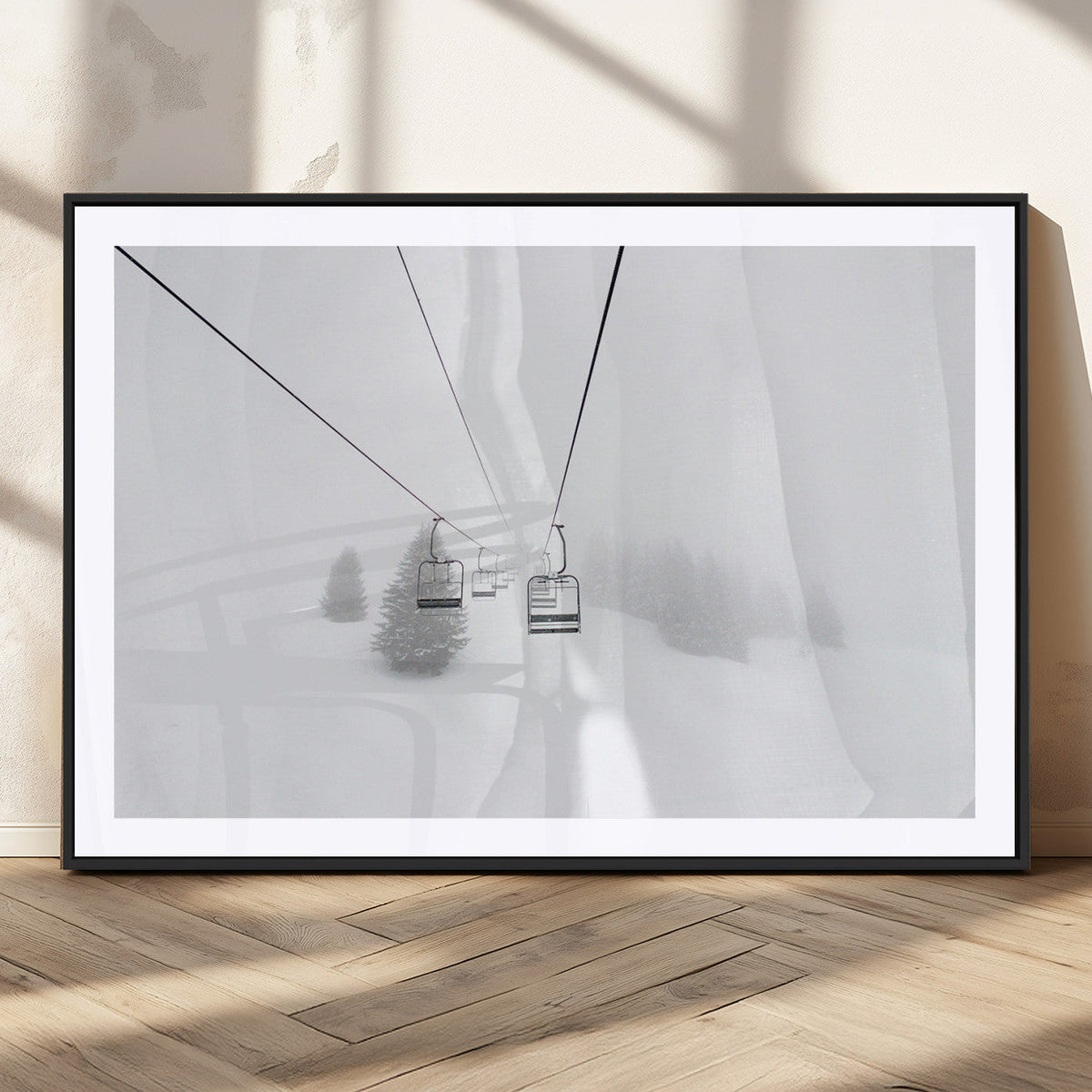 Ski Lift Wall Art Canvas Print, Framed Snowy Landscape Art, Alpine Adventure Nordic Minimalist Decor