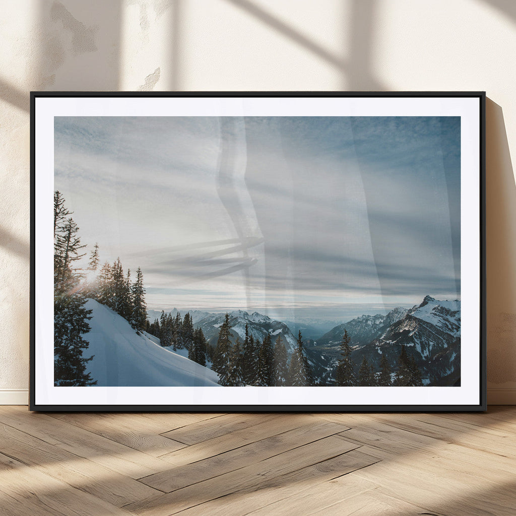 Snowy Mountains Wall Art Canvas Print, Framed Alpine Landscape Frosty Peaks Artwork