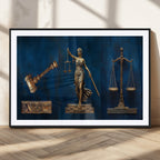Lady Justice Wall Art Canvas Print, Elegant Gold Legal Symbols on Blue, Law Office Decor