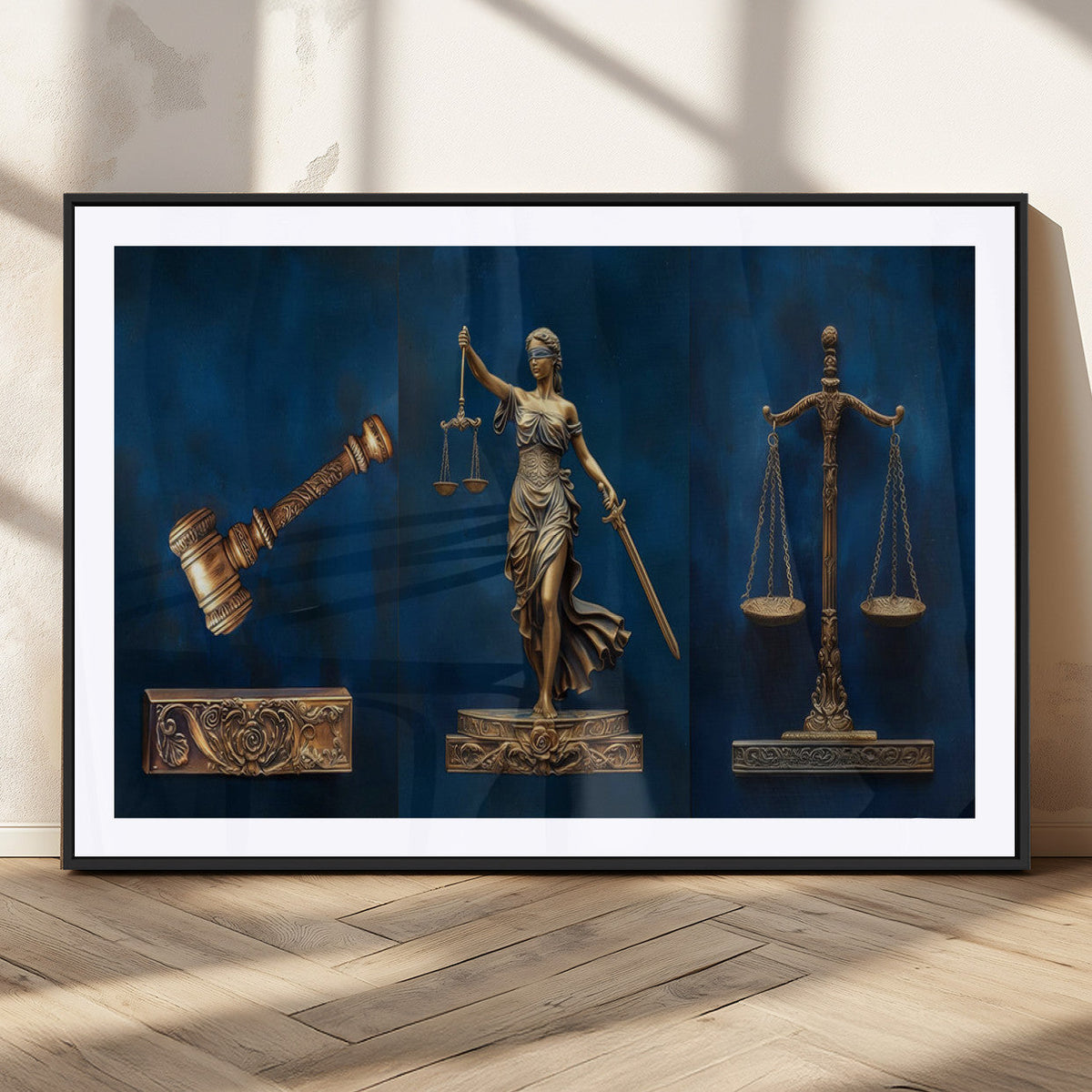 Lady Justice Wall Art Canvas Print, Elegant Gold Legal Symbols on Blue, Law Office Decor