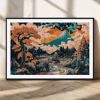 Japanese Landscape Wall Art Canvas Print, Mount Fuji with Flowing River and Autumn Trees
