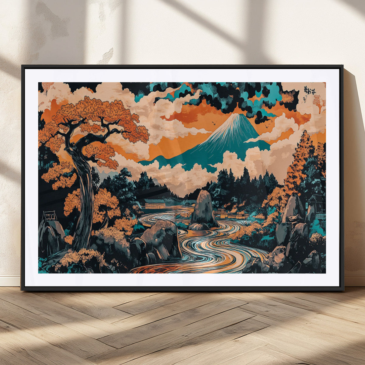 Japanese Landscape Wall Art Canvas Print, Mount Fuji with Flowing River and Autumn Trees