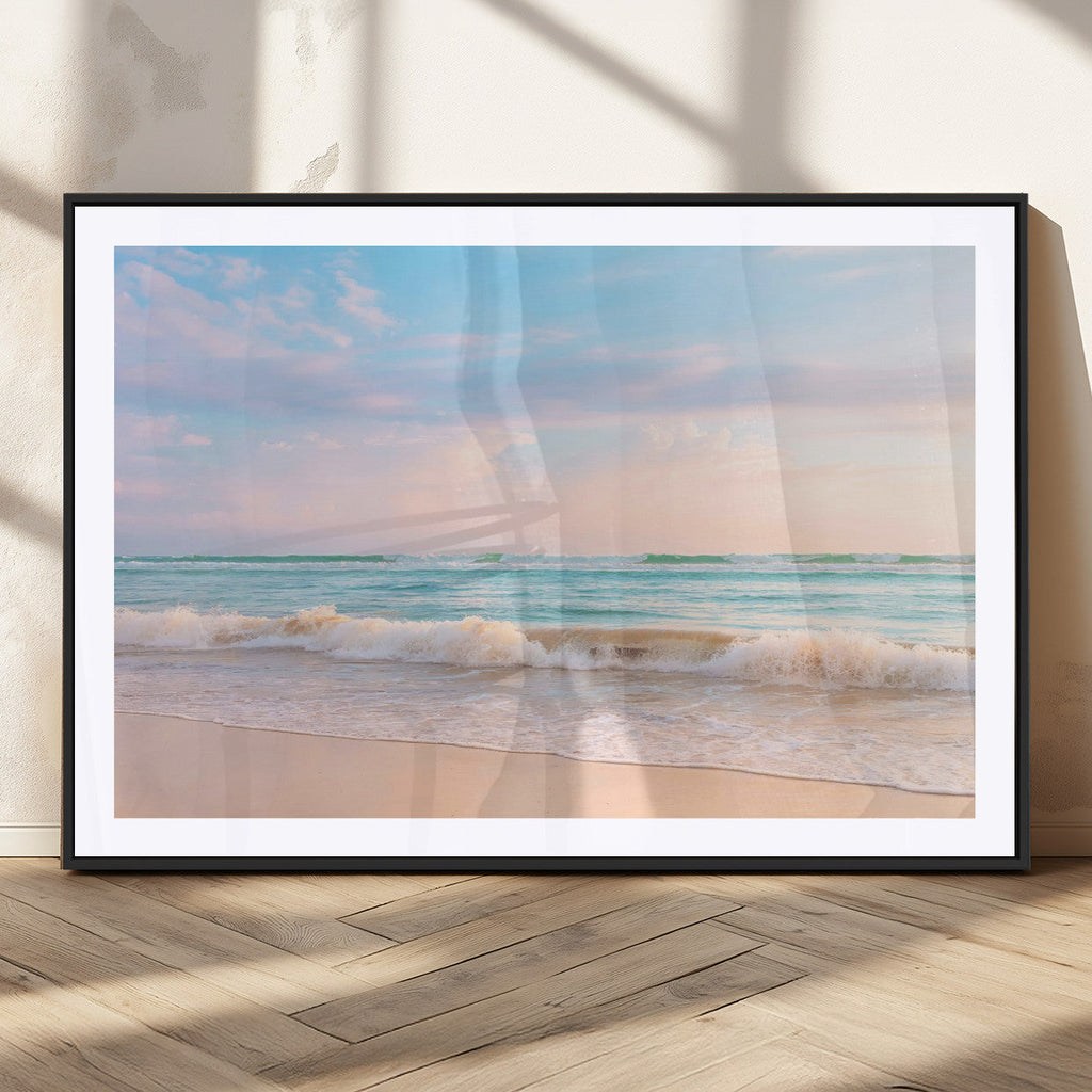 Serene Ocean Waves Wall Art Canvas Print, Pastel Sky Over a Soft Sand Beach