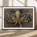 Octopus Wall Art Canvas Print, Black and Gold Detailed Tentacles Nautical Illustration