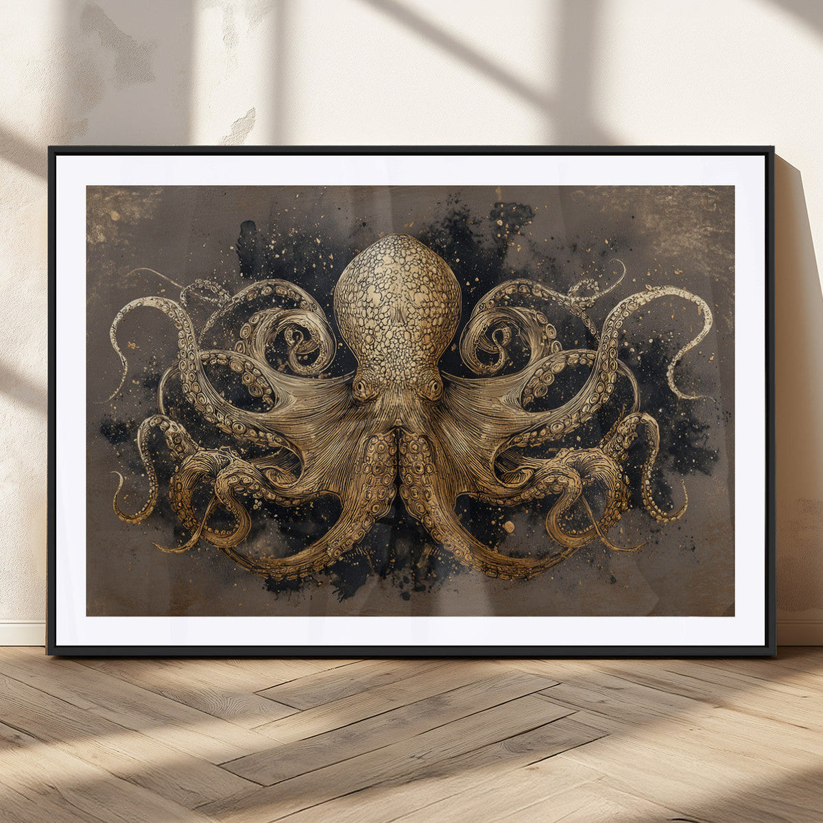 Octopus Wall Art Canvas Print, Black and Gold Detailed Tentacles Nautical Illustration