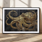Octopus Wall Art Canvas Print, Gold Detail Octopus on Wooden Plank Background