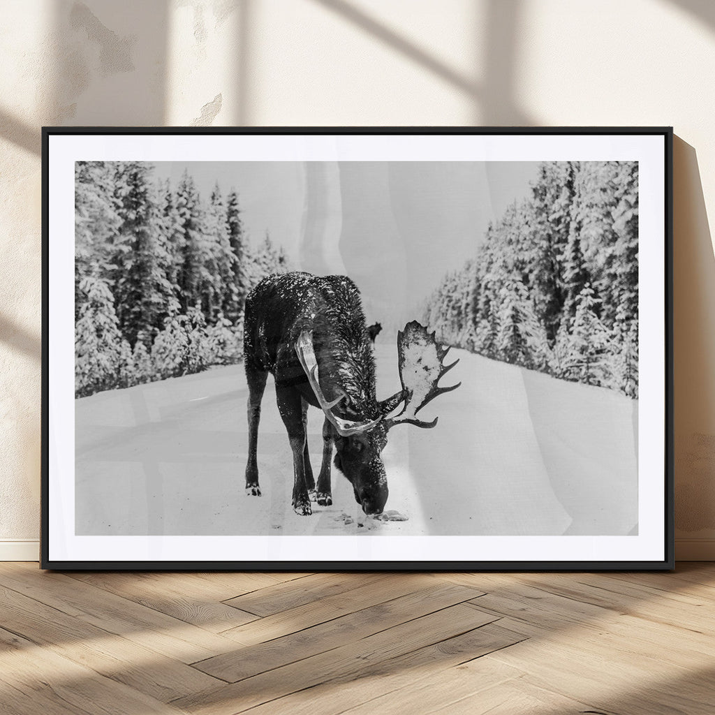 Moose Wall Art Canvas Print, Winter Moose with Antlers in a Snowy Forest