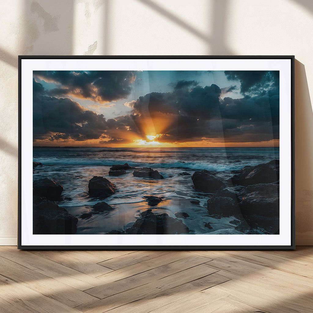 Ocean Sunset Wall Art Canvas Print, Rocky Shore Waves and Golden Sun Rays