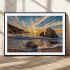Rocky Ocean Sunset Wall Art Print, Seaside Canvas with Dramatic Seascape