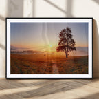 Golden Sunrise Landscape Canvas Wall Art, Framed Misty Field Nature Print