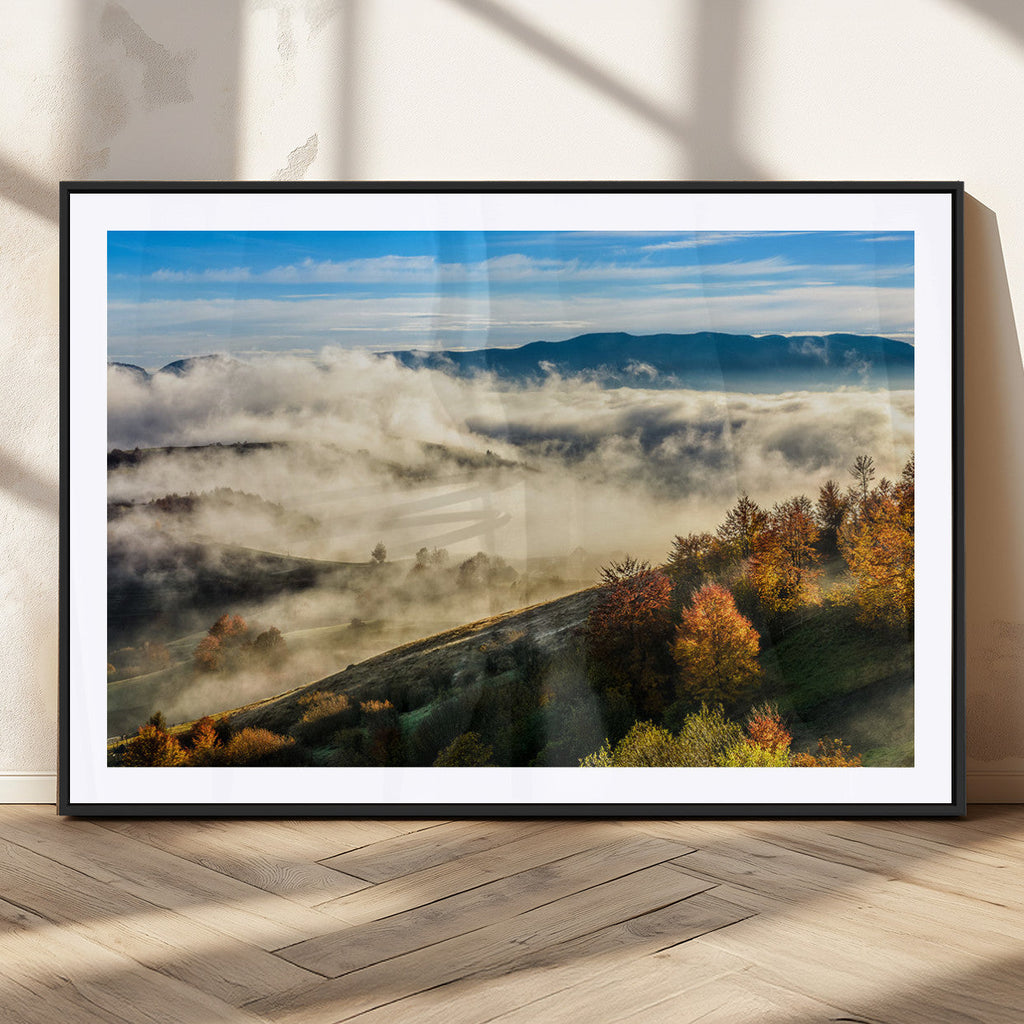 Misty Autumn Hills Wall Art Canvas Print, Foggy Forest Landscape with Fall Foliage