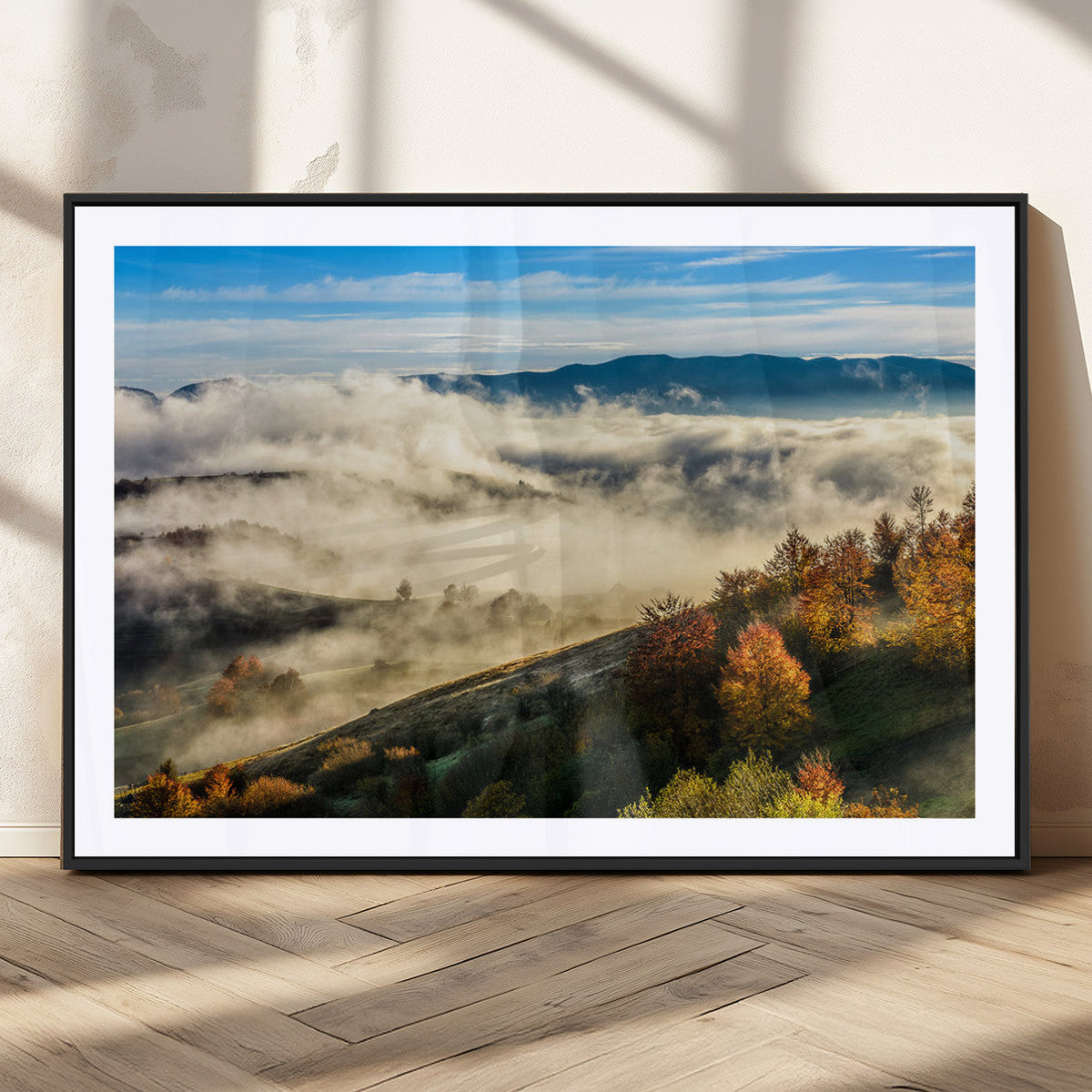 Misty Autumn Hills Wall Art Canvas Print, Foggy Forest Landscape with Fall Foliage