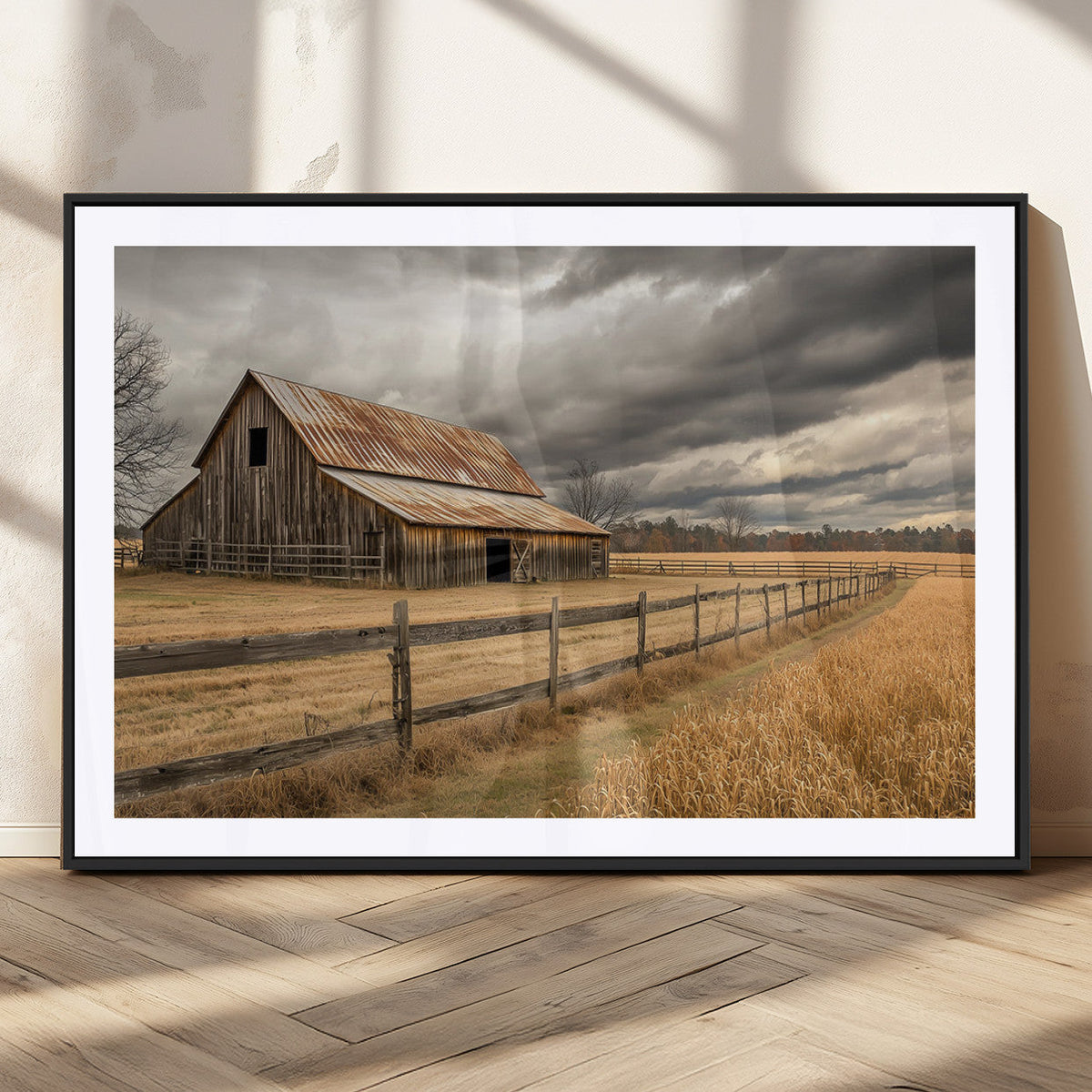 Rustic Farm Barn Wall Art Canvas Print, Stormy Sky Country Decor