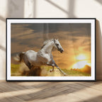 White Horse Running Canvas Sunset Wall Art