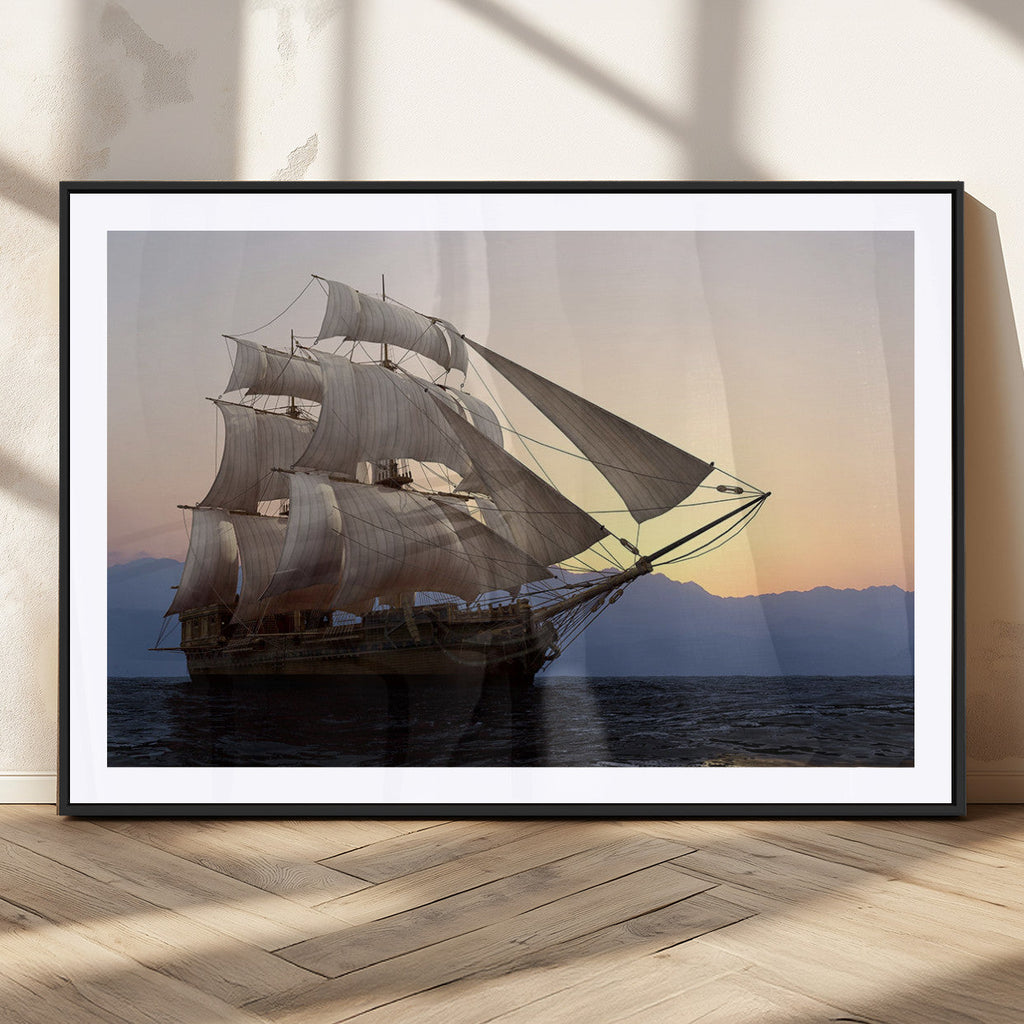 Majestic Sailing Ship Wall Art Canvas Print, Sunset Ocean Voyage with Tall Ship